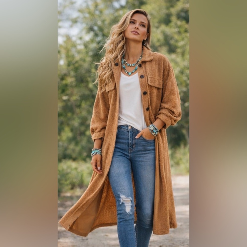 Long Tan Teddy Duster Shirt Jacket Shacket